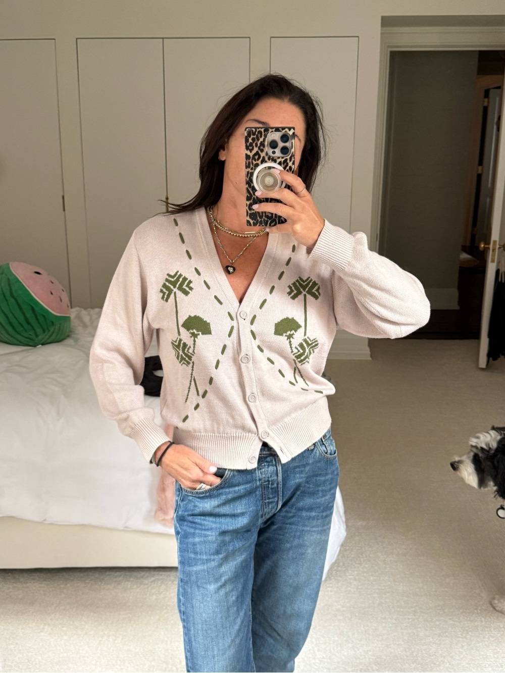 Dior Button-Up Cardigan with Green Embroidered Motif